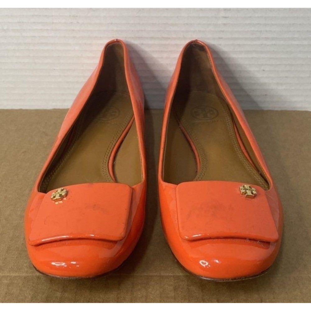 Tory Burch Orange Patent Leather Ballet Flats Square Toe Logo Detail Women 7.5M - Picture 2 of 7